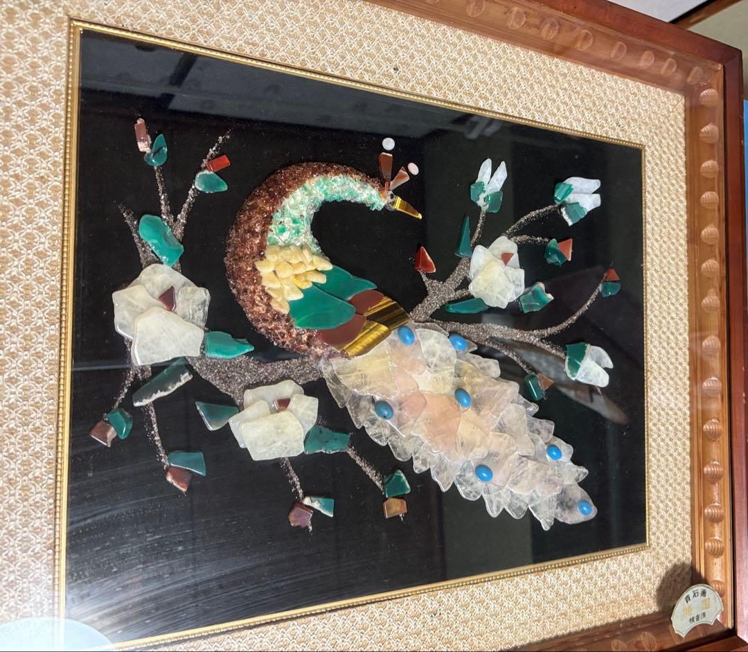 希少長期保管品状態悪いアンティーク　宝石画　貴石画　天然石　孔雀モチーフ