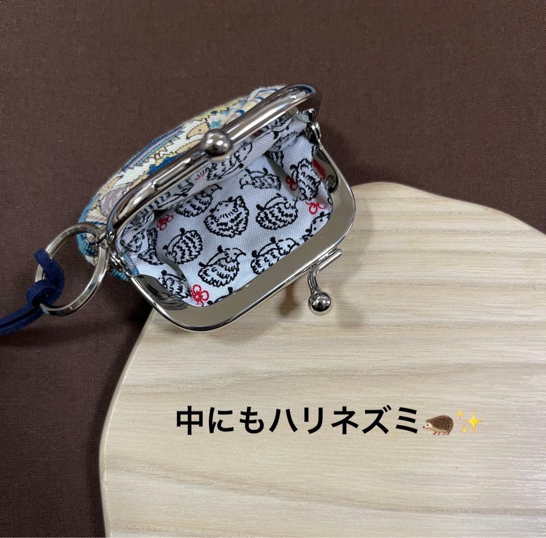 ハリネズミ柄ハンドメイド・ミニがま口財布・アクセサリーケース・ネックレス・小物入