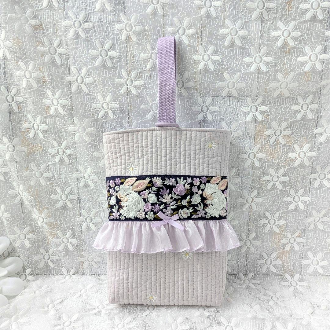 入園入学2点セット　手提げ　上履き袋　マーガレット　ヌビ　白うさぎ　刺繍リボン