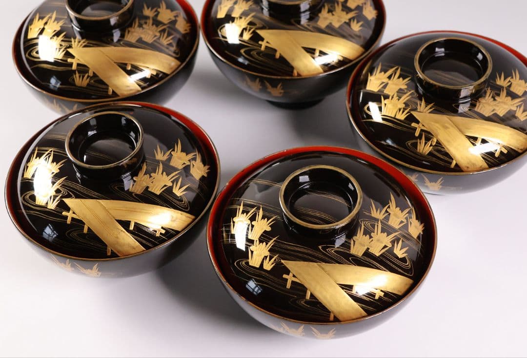 【CM439】時代蒔絵椀 天然木漆塗 花菖蒲金蒔絵 吸物椀 五客 杜若