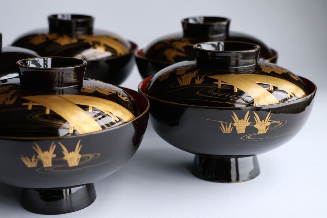 【CM439】時代蒔絵椀 天然木漆塗 花菖蒲金蒔絵 吸物椀 五客 杜若