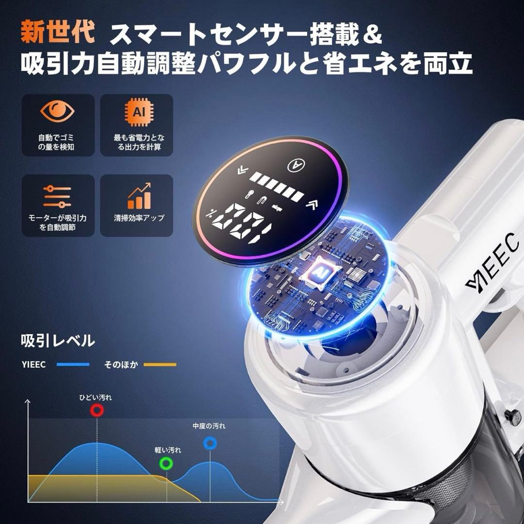 掃除機 コードレス AI汚れ自動検知＆90Kpa超強力吸引 LED 自立式