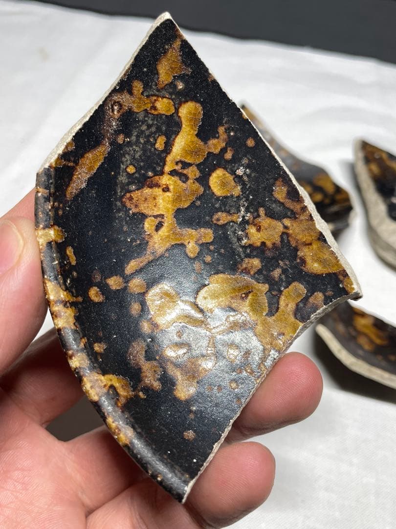 天目茶碗標本4点。殘片。茶道古美術。宋時代。鷓鴣斑。美品。骨董品。