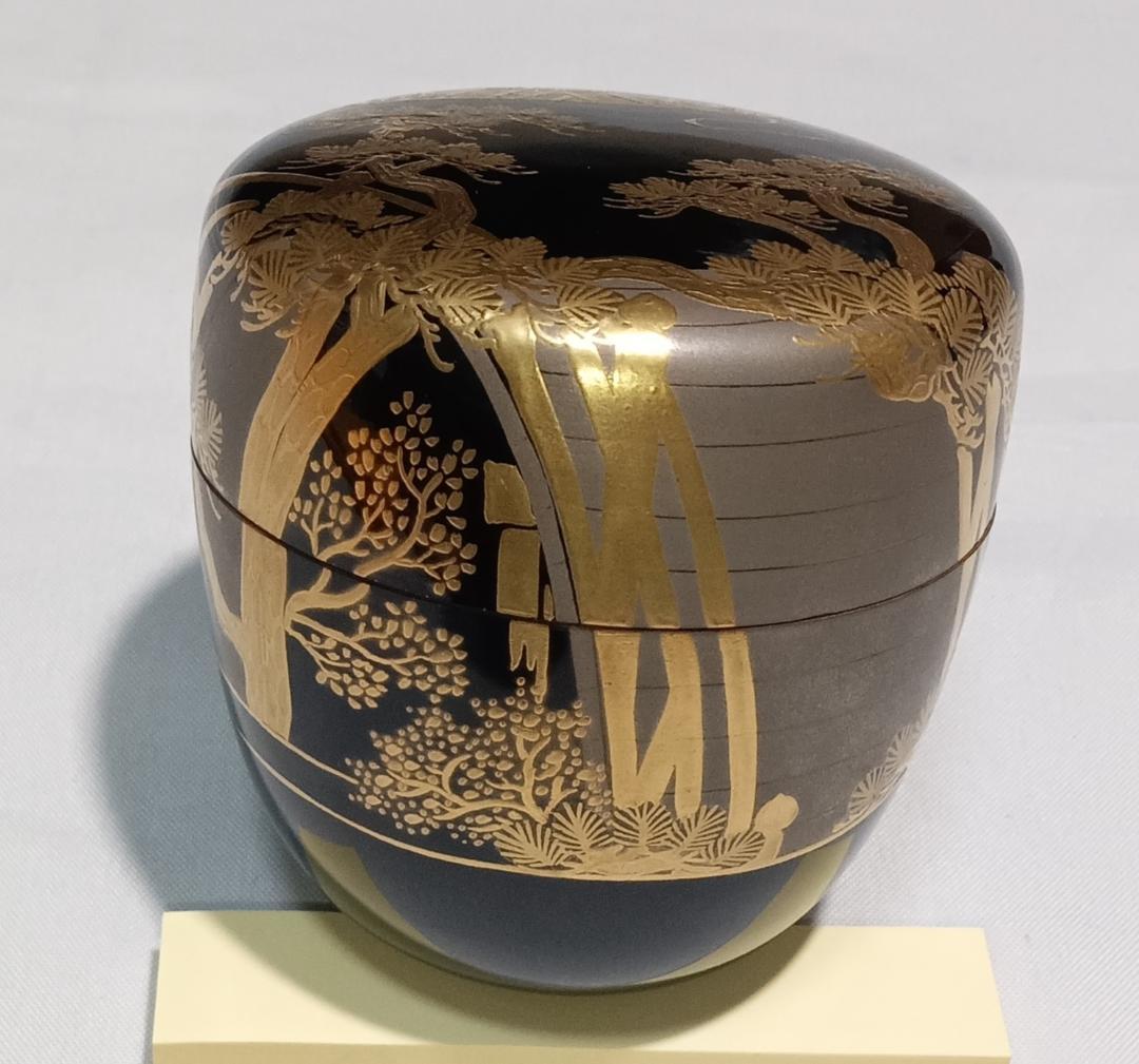 茶道具　輪島塗　蒔絵師宗祥作　黒漆塗住吉絵金銀蒔絵中棗　美品！！