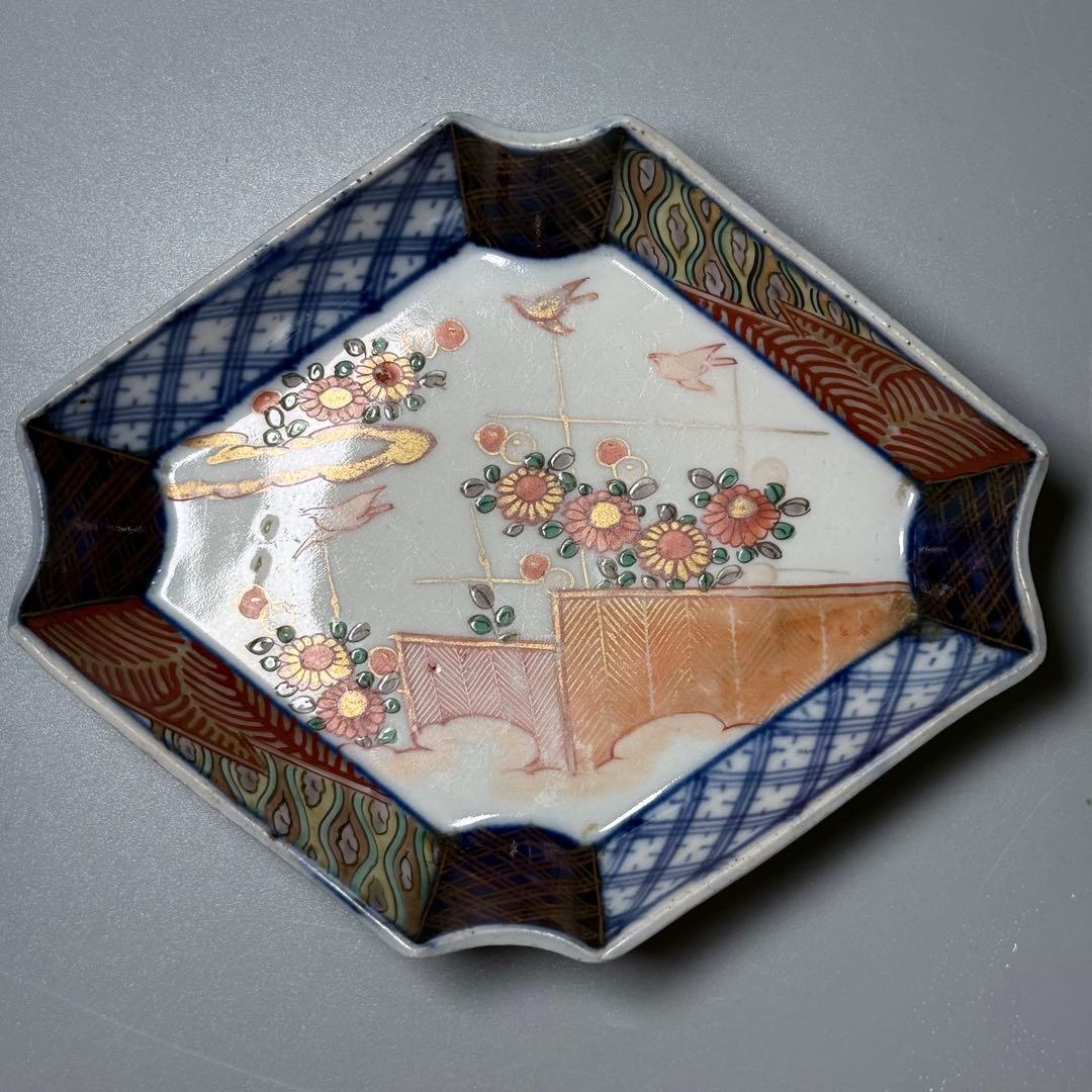古伊万里　色絵花鳥垣根文変形皿　五枚　刺身皿　江戸時代〜明治時代　古器を楽しむ