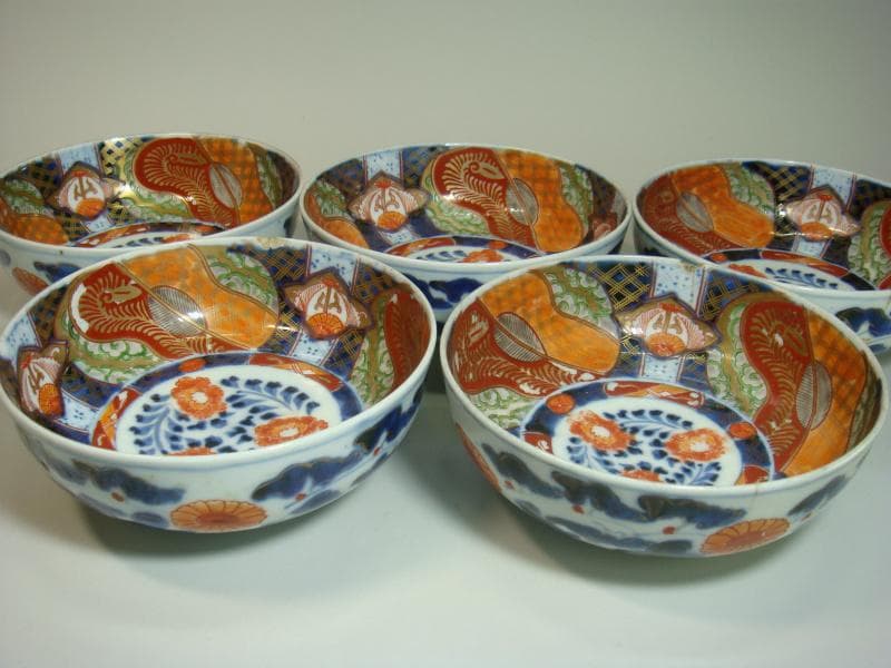 鉢■赤絵のなます皿 5客 窓絵花唐草 菓子器 ホツ有り 骨董品 古美術■