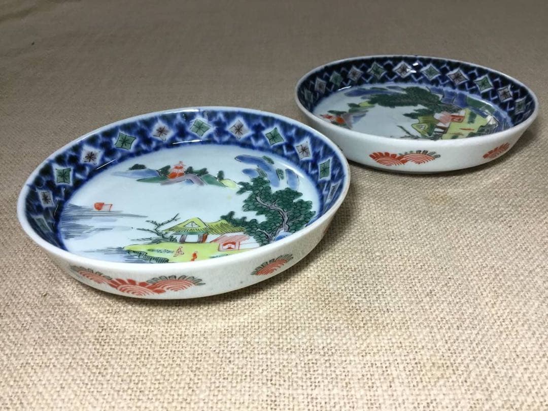古伊万里◆小皿２枚◆色絵 染付 ４寸 12㎝ 山水 手塩皿 豆皿 銘々皿 和食器