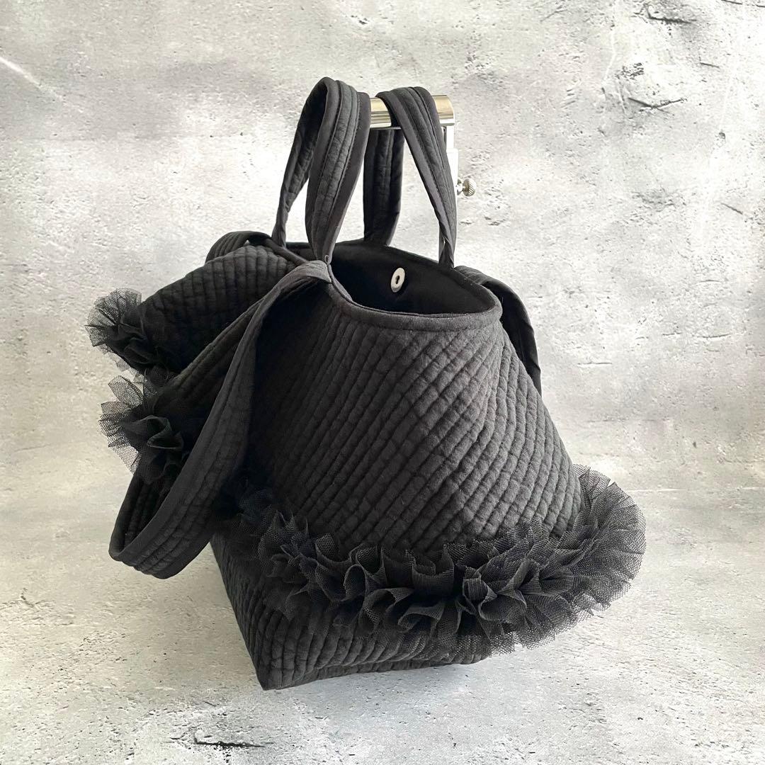 チュールフリル付トートバッグ（L）2way ヌビバッグ ブラック ハンドメイド
