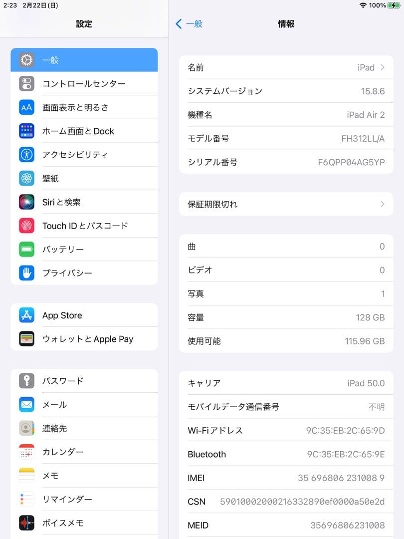 iPad本体 Apple iPad Air 2 Wi-Fi Cellular 128GB