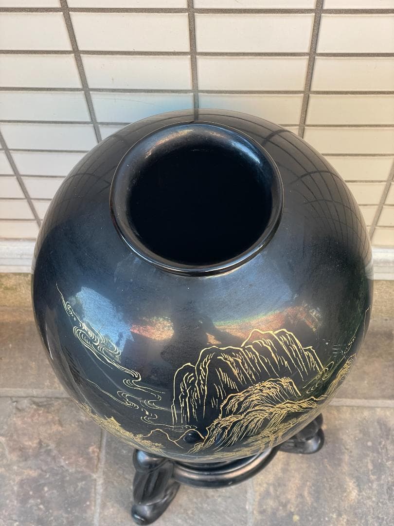 中国古玩 福建漆器 脱胎漆器 金彩 特大 花瓶 飾台付 約67cm 山水図 唐物