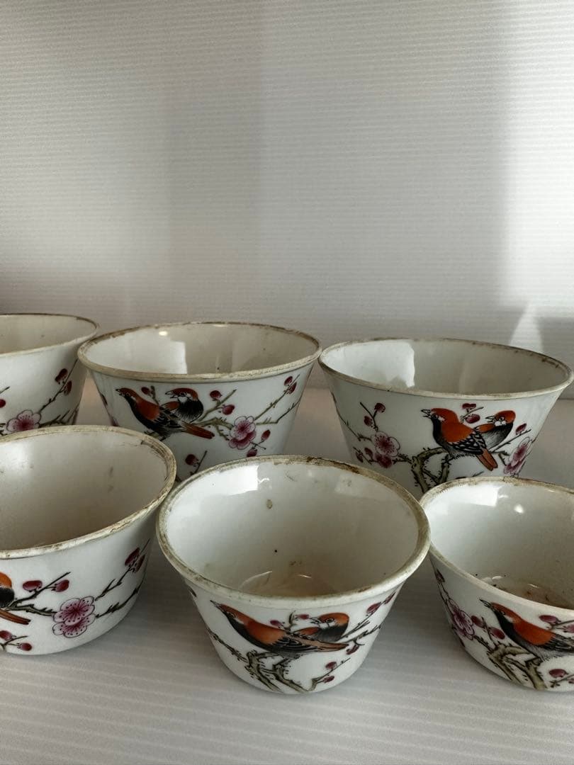台湾アンティーク 鳥と梅の絵柄 茶器 烏龍茶器 入れ子