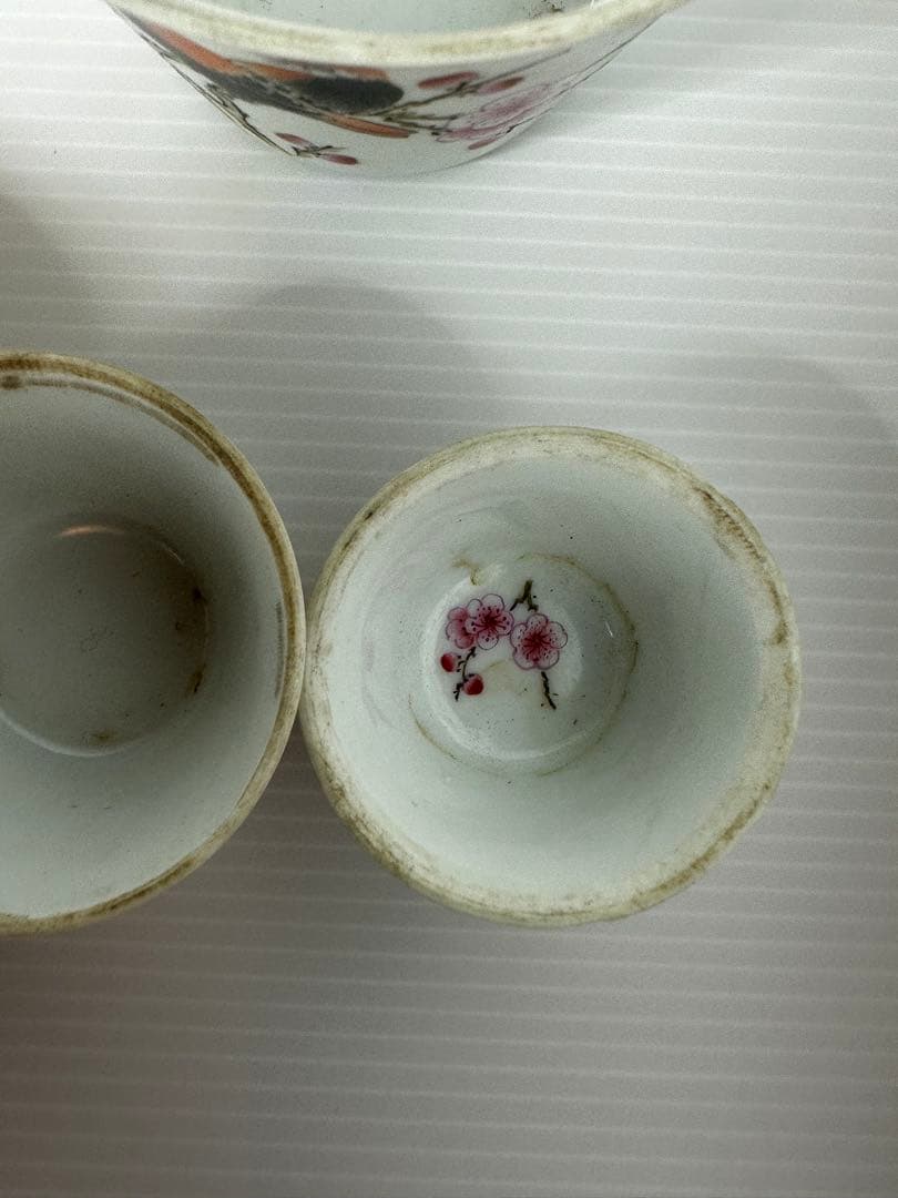 台湾アンティーク 鳥と梅の絵柄 茶器 烏龍茶器 入れ子
