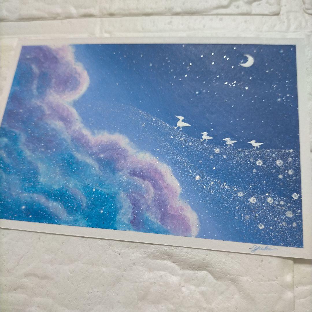カルガモ親子の星空散歩 オイルパステル画原画 ハガキサイズ 絵画 #110