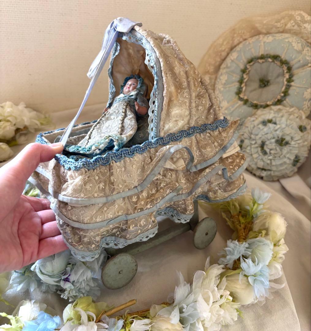 フランス　アンティーク　レース　ドールベッド　バギー　セルロイド　ベビードール♡