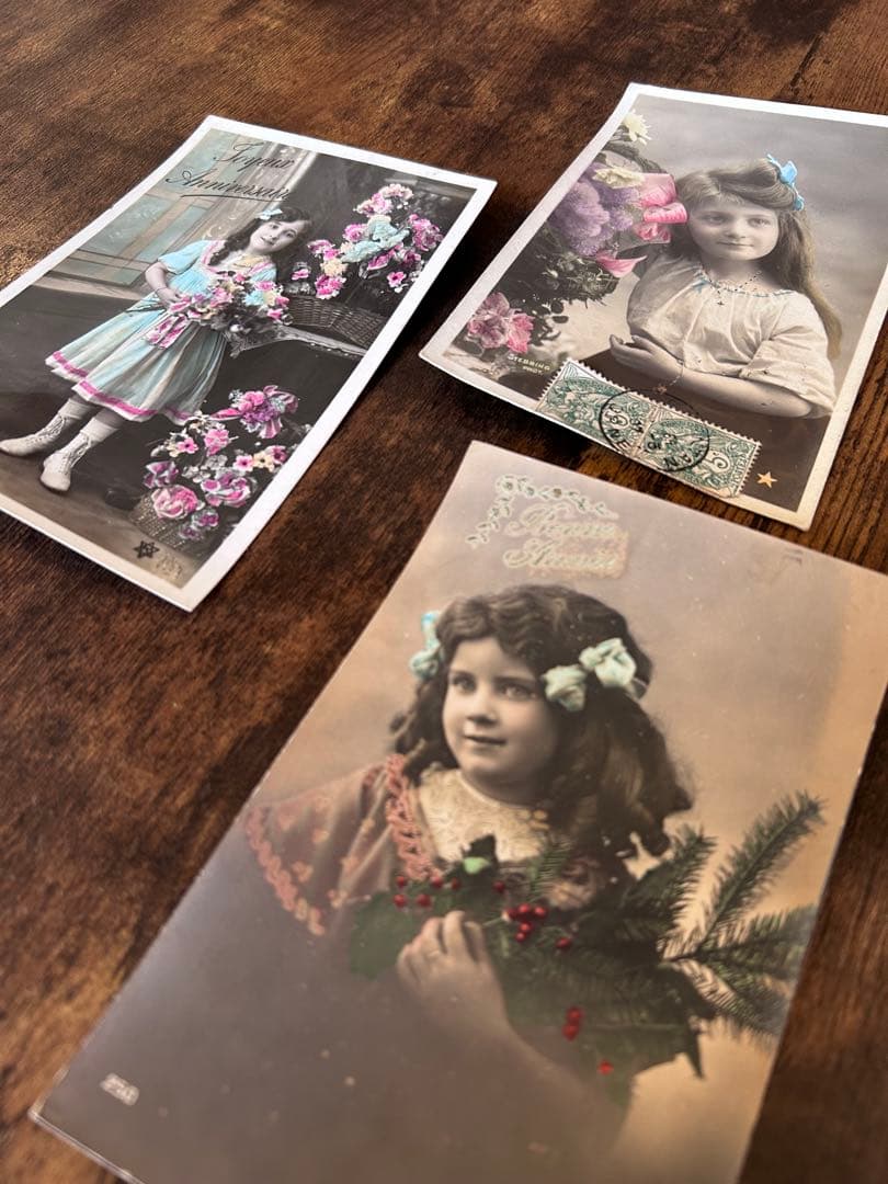 フランス 1907-09年 アンティーク ポストカード　少女 花 消印3枚セット
