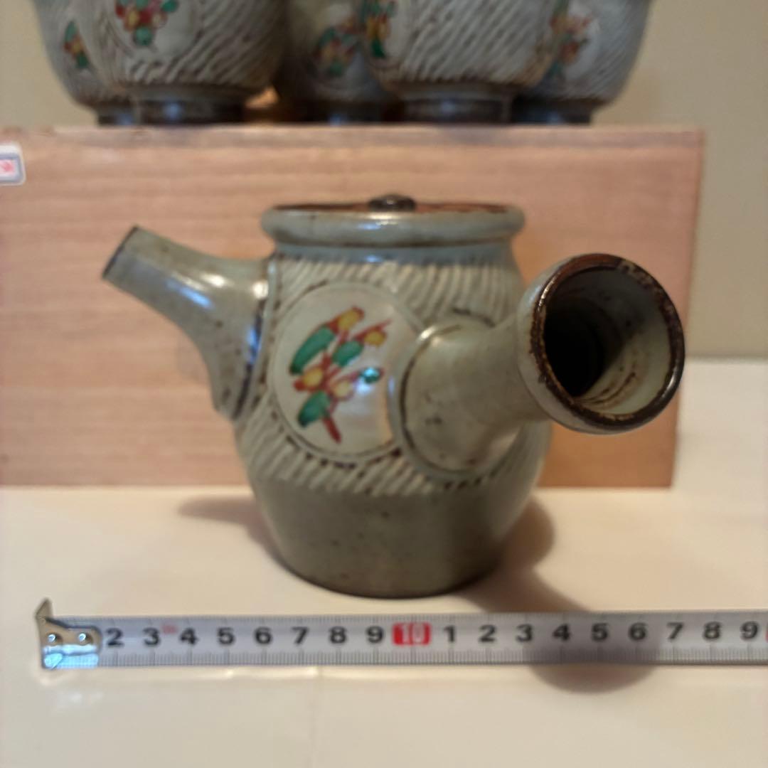人間国宝《島岡達三》象嵌赤絵草花文番茶器 急須 1個番茶碗 ６客揃 【未使用】