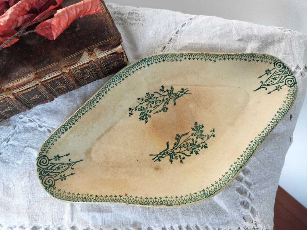 アンティーク　フランス　 サンタマン　陶器　花模様　シャビー　ラヴィエ