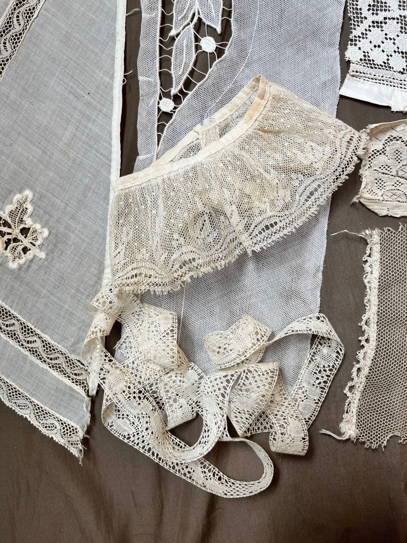 ◆フランスアンティーク｜古いレース素材セットパーツ手編みエクリュ生成り刺繍フリル
