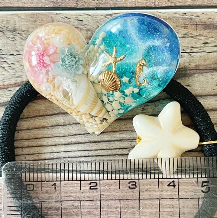 練りターコイズのヒトデチャーム❤️貝殻とお花のぷっくりハート海の水面夏ヘアゴム❤️
