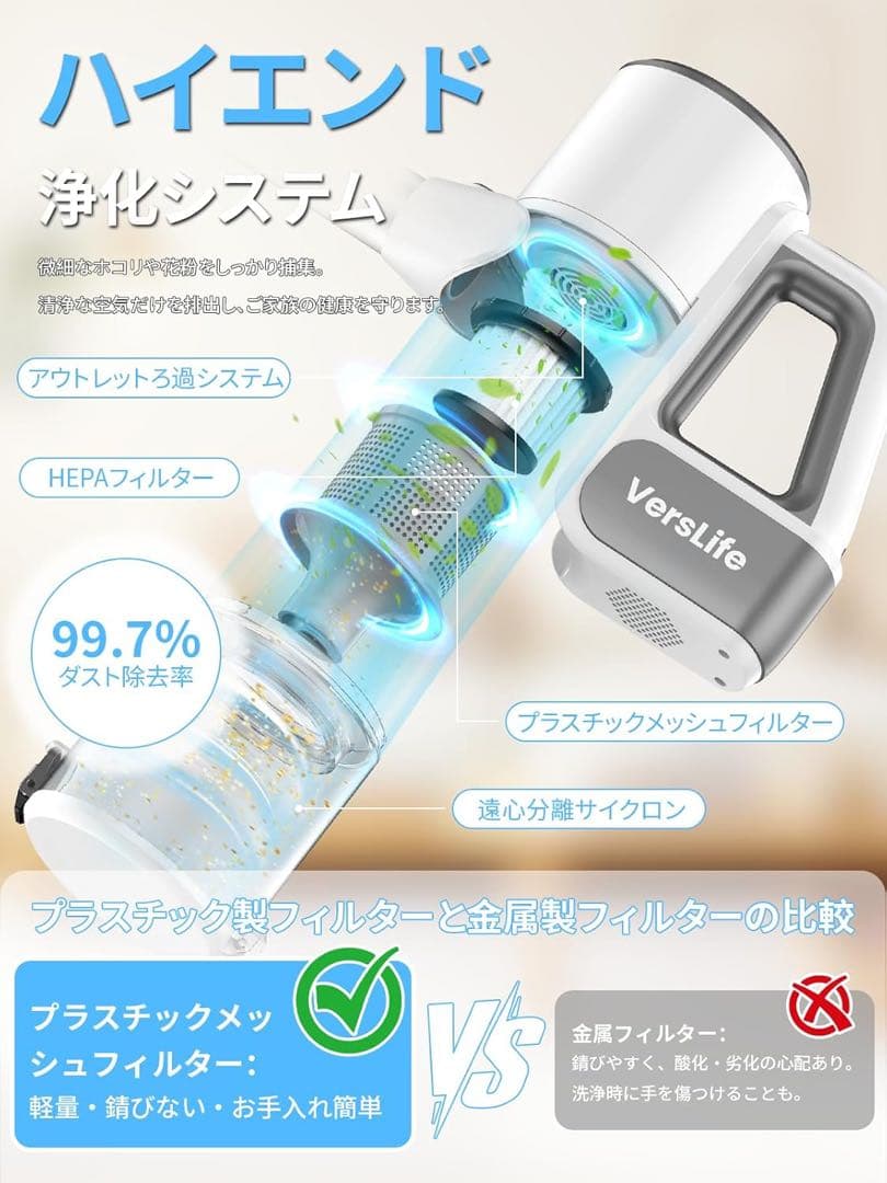 掃除機 コードレス スティッククリーナー 50000pa サイクロン 回転ヘッド