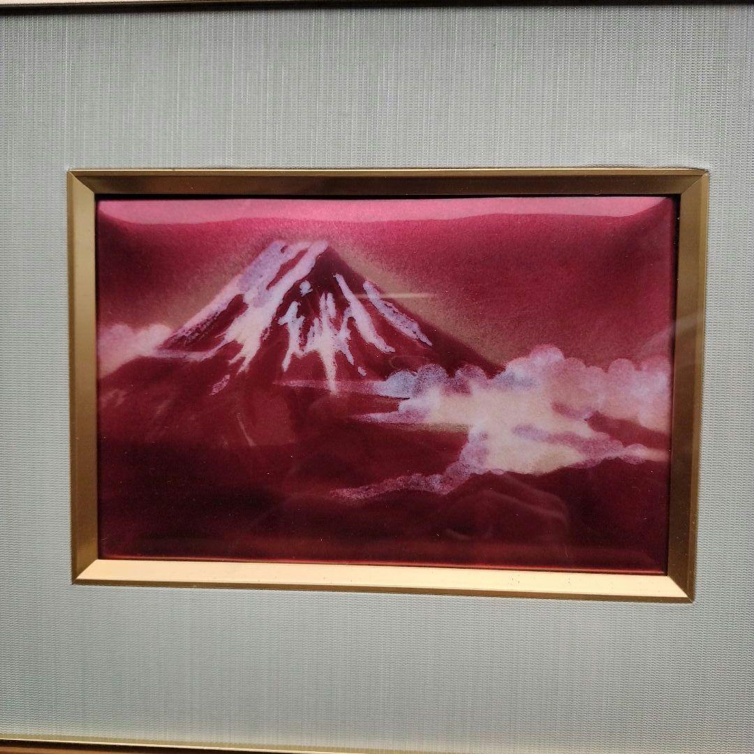 赤紫色の鮮やかな☆赤富士の七宝（しっぽう）　七宝焼　木製フレーム付き