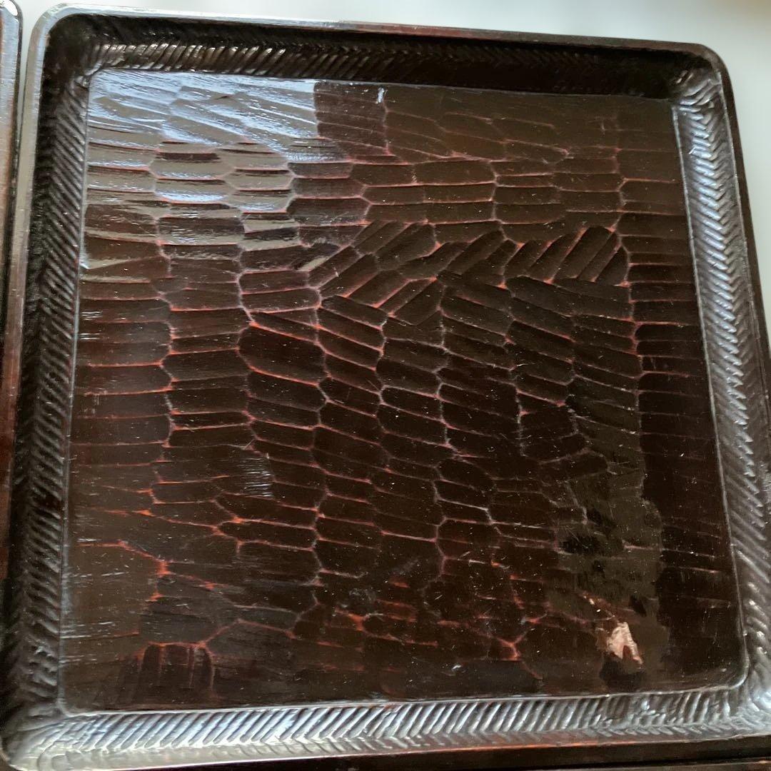 漆器 木製 四角　膳　漆塗り　盆　骨董 彫刻模様　5枚