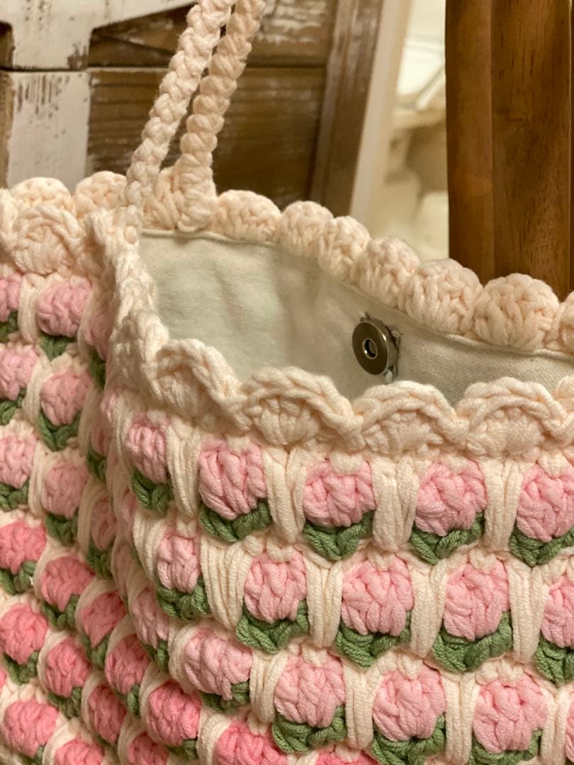 手作りハンドメイド チューリップグラニーバッグ グラデーションピンク立体的な花