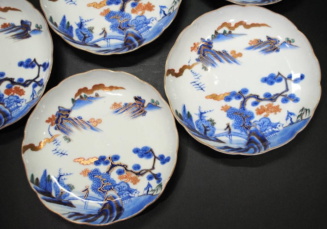 古伊万里色絵山水図成化年製 六寸皿 5枚 中皿