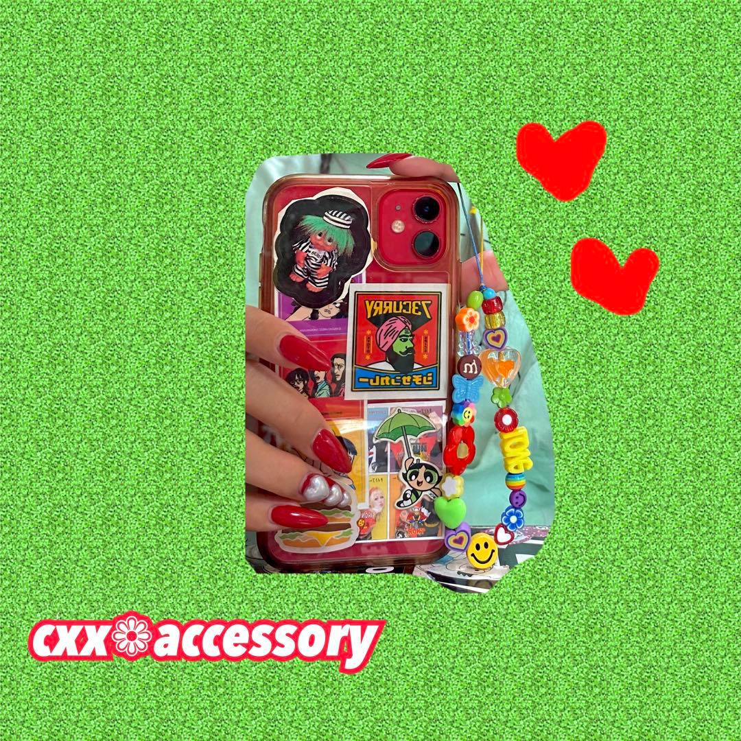 【s-224】ビーズストラップ スマホ❁ニコちゃん カラフル 個性的古着韓国