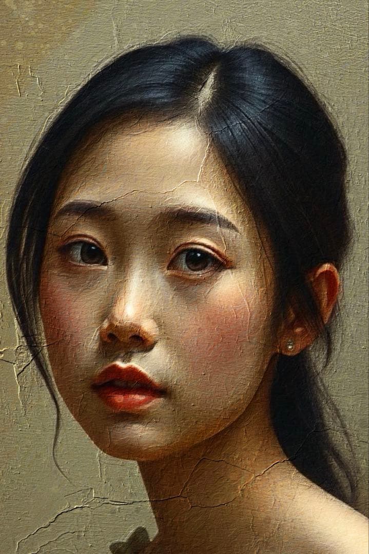 木の板に映し出された油絵風アート作品