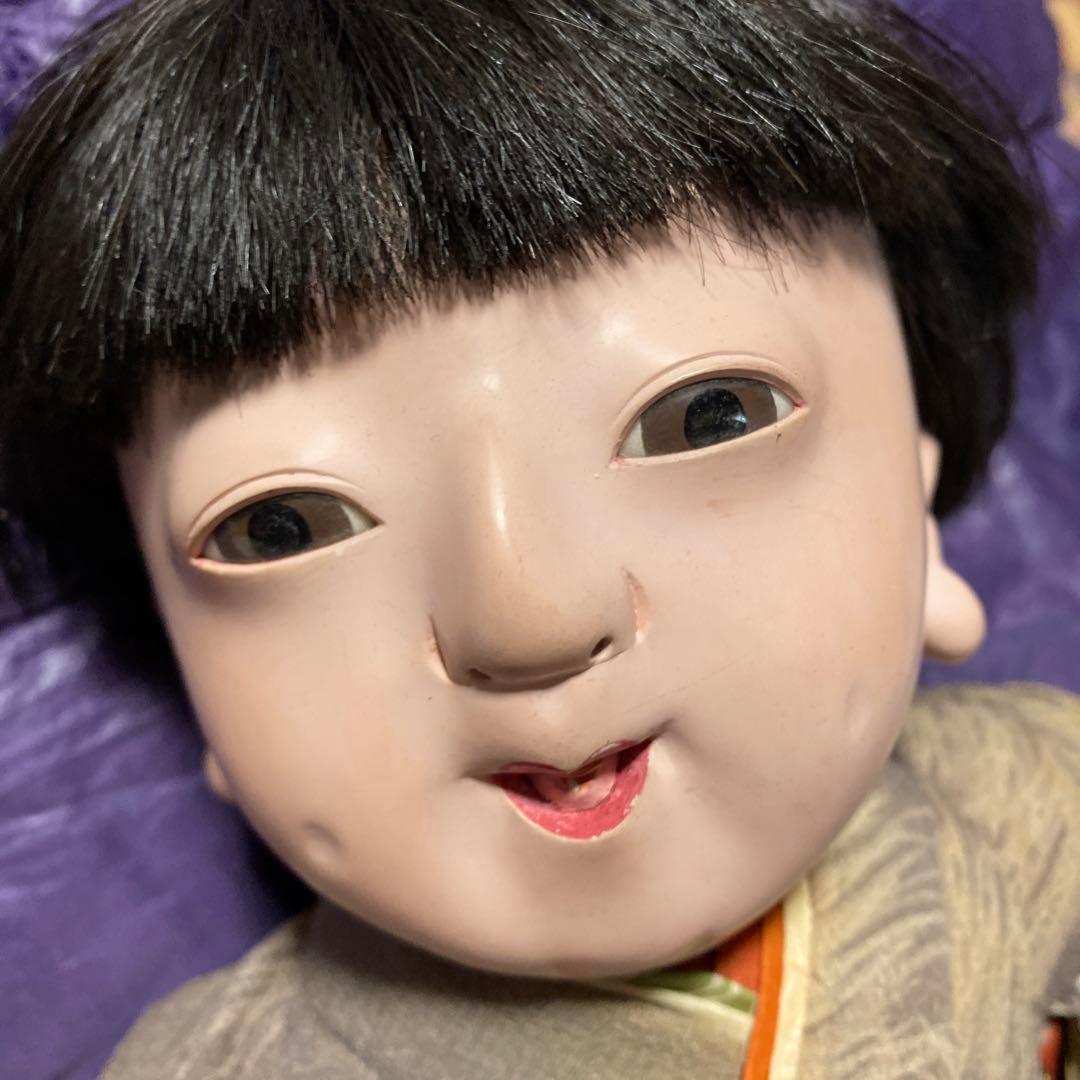 可愛い　明治抱き人形　市松人形　男の子　えくぼ　福耳　４３ｃｍ位　古縮緬着物