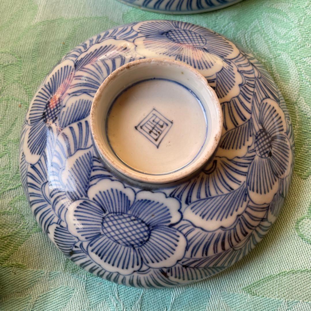 古伊万里　染付　牡丹　唐草　蓋付ご飯茶碗2客