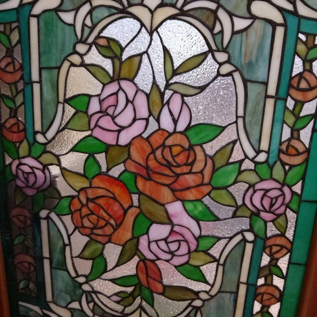 バラの花 ステンドグラス 木製フレーム付き