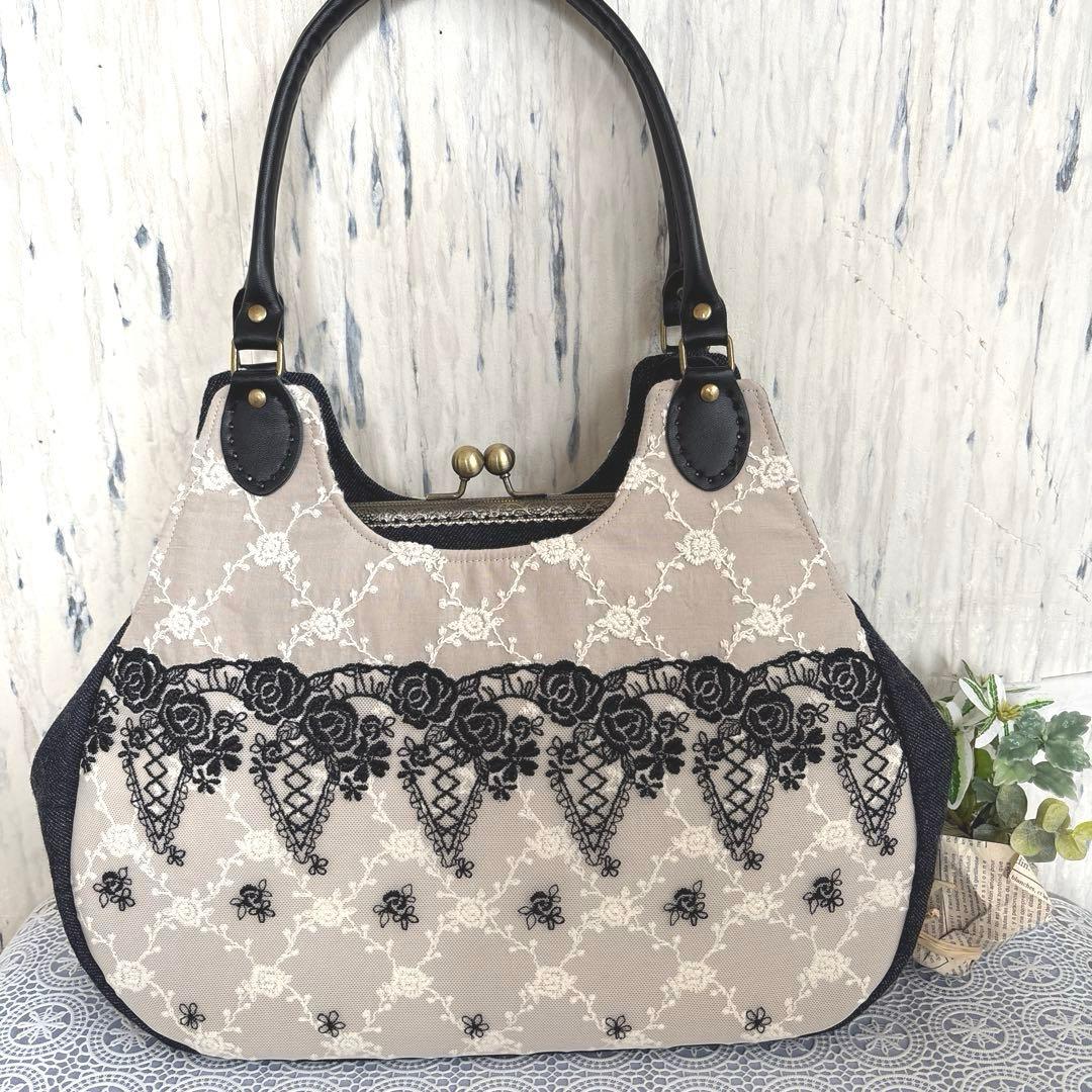 薔薇柄レースあおりがま口バッグ　ハンドメイド