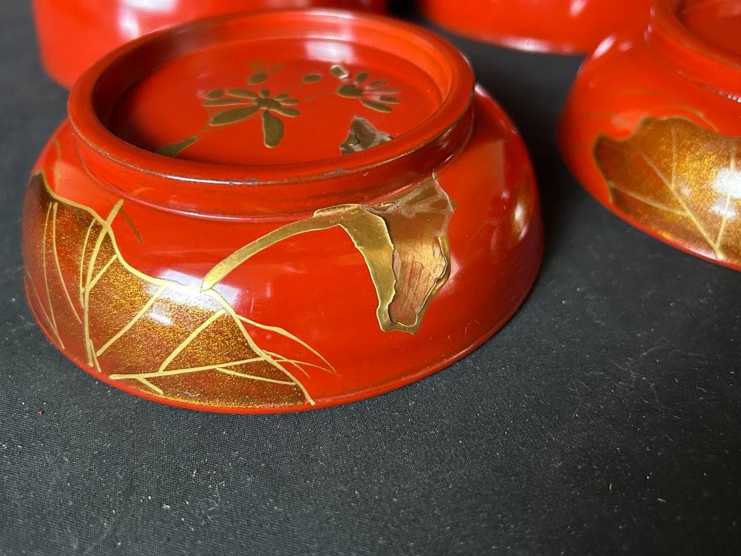 時代 輪島塗 金蒔絵 蓮図 朱塗 菓子椀 5客 茶懐石道具 73