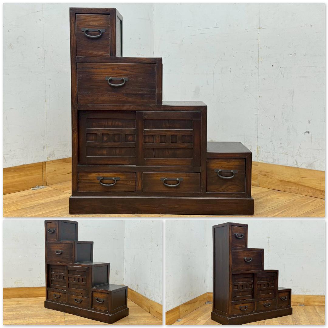 T1602☆美品☆階段箪笥　両面　両開き　時代箪笥　和家具　引出　民芸家具