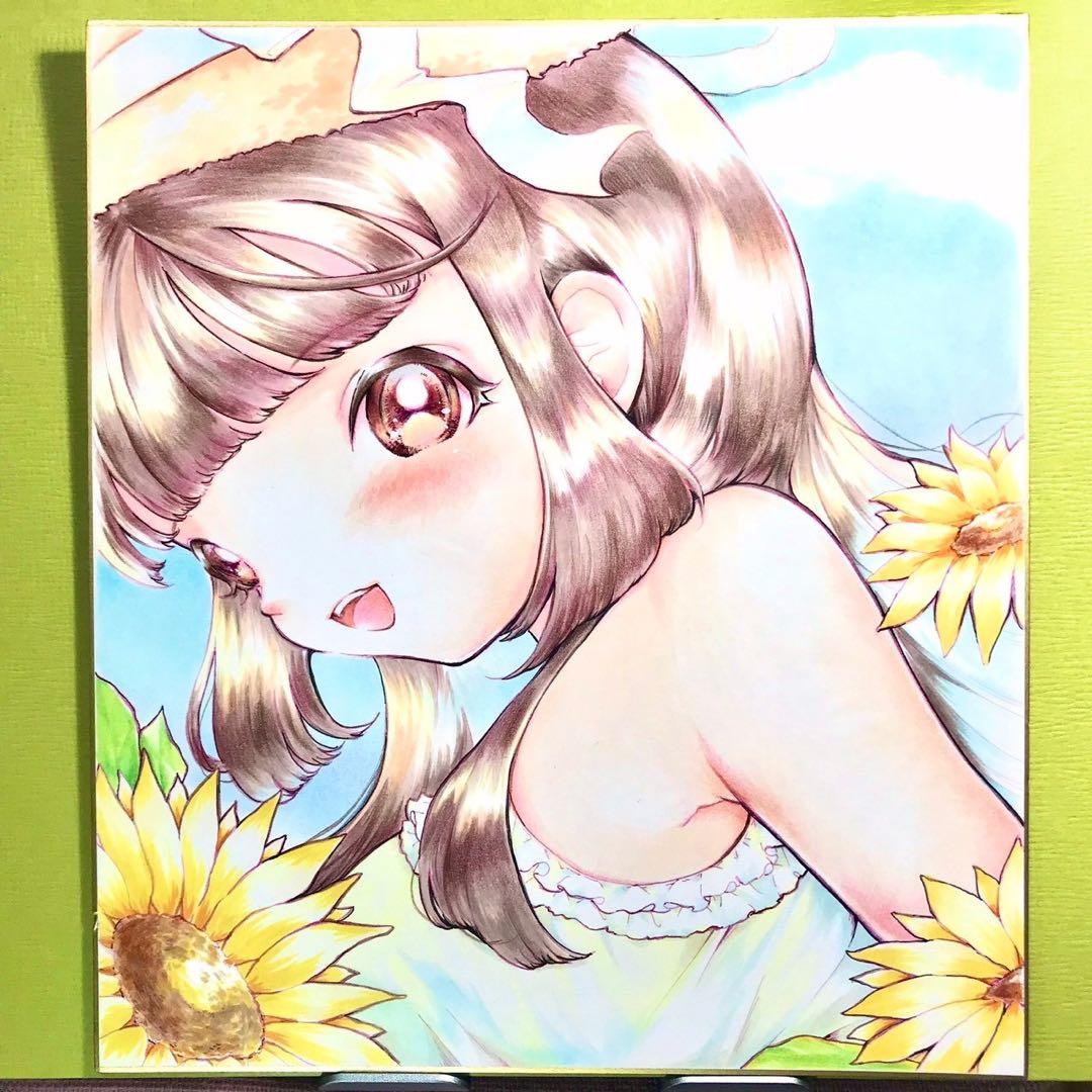 ひまわりと女の子♪手描きオリジナルイラスト/※購入前コメント必須