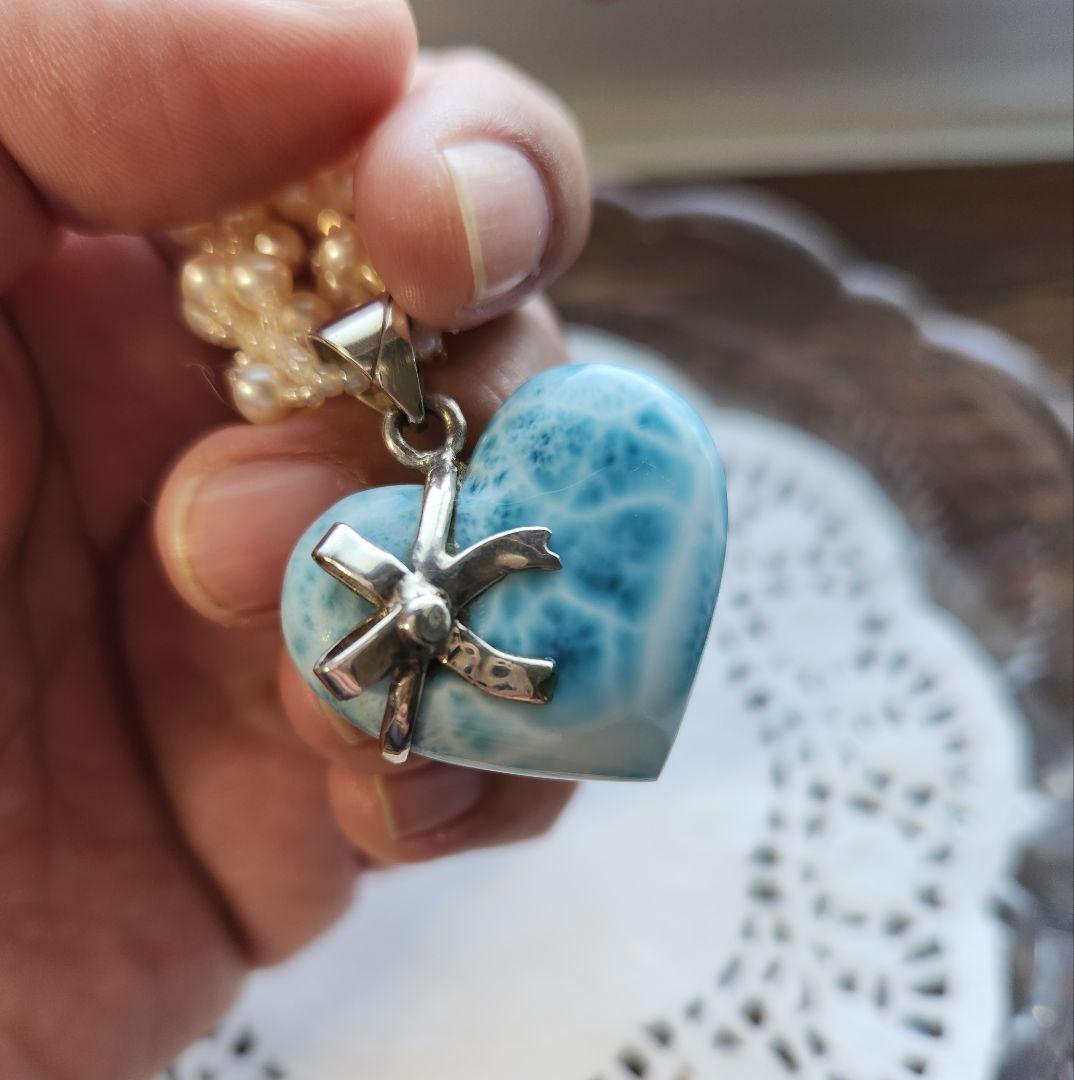 handmade ラリマー 淡水パール ハート ネックレス ②