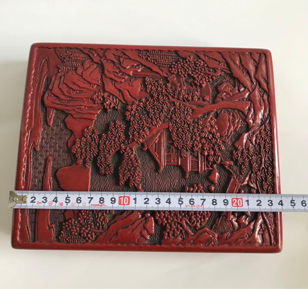 堆朱　山水人物図　硯箱　道具箱　文箱　伝統工芸品　彫刻漆器