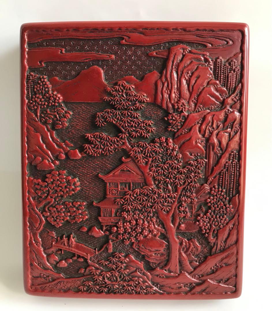 堆朱　山水人物図　硯箱　道具箱　文箱　伝統工芸品　彫刻漆器