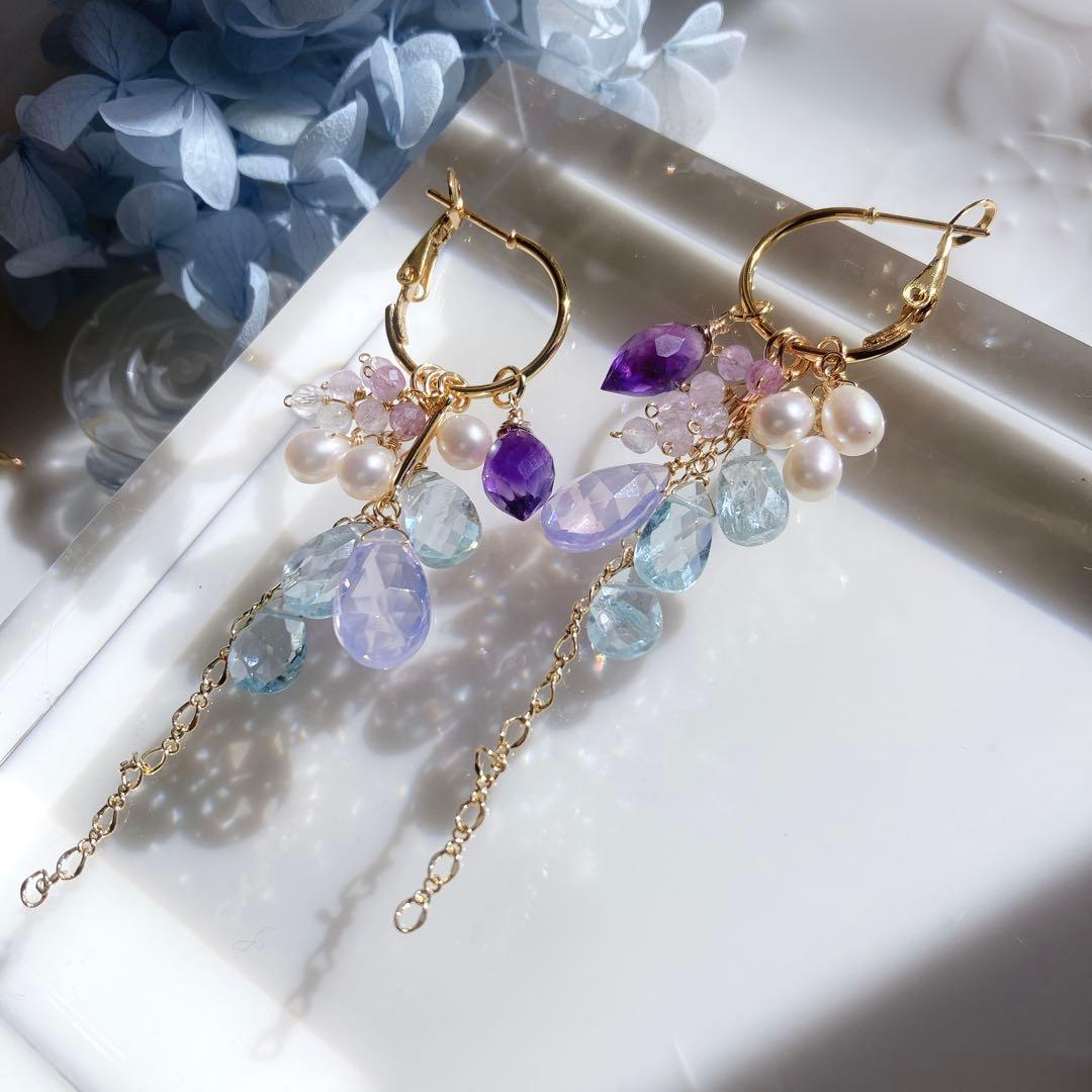 着せ替えフープピアス✧スコロライト/アメシスト/アクアマリン✧14kgf