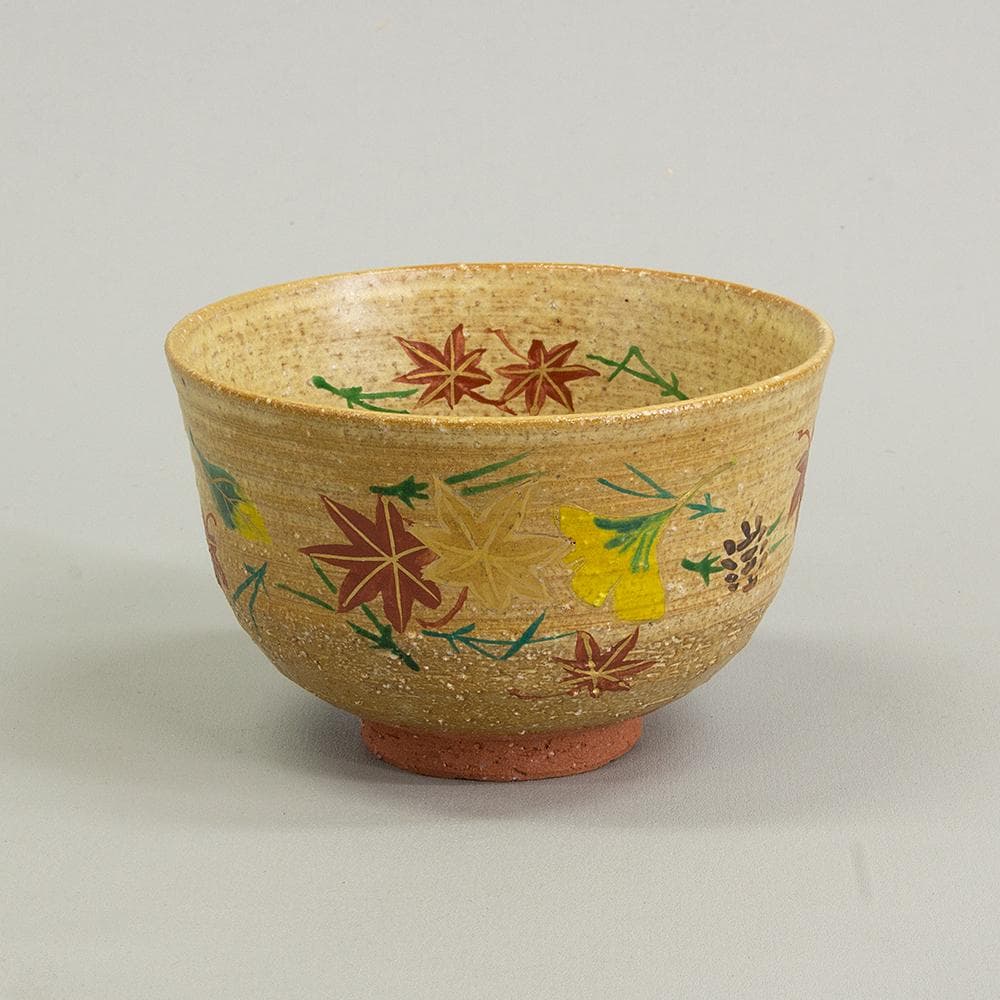 京焼・清水焼 橋本紫雲 茶碗「伊羅保釉 吹寄 紅葉図」共箱栞付き茶道具抹茶碗
