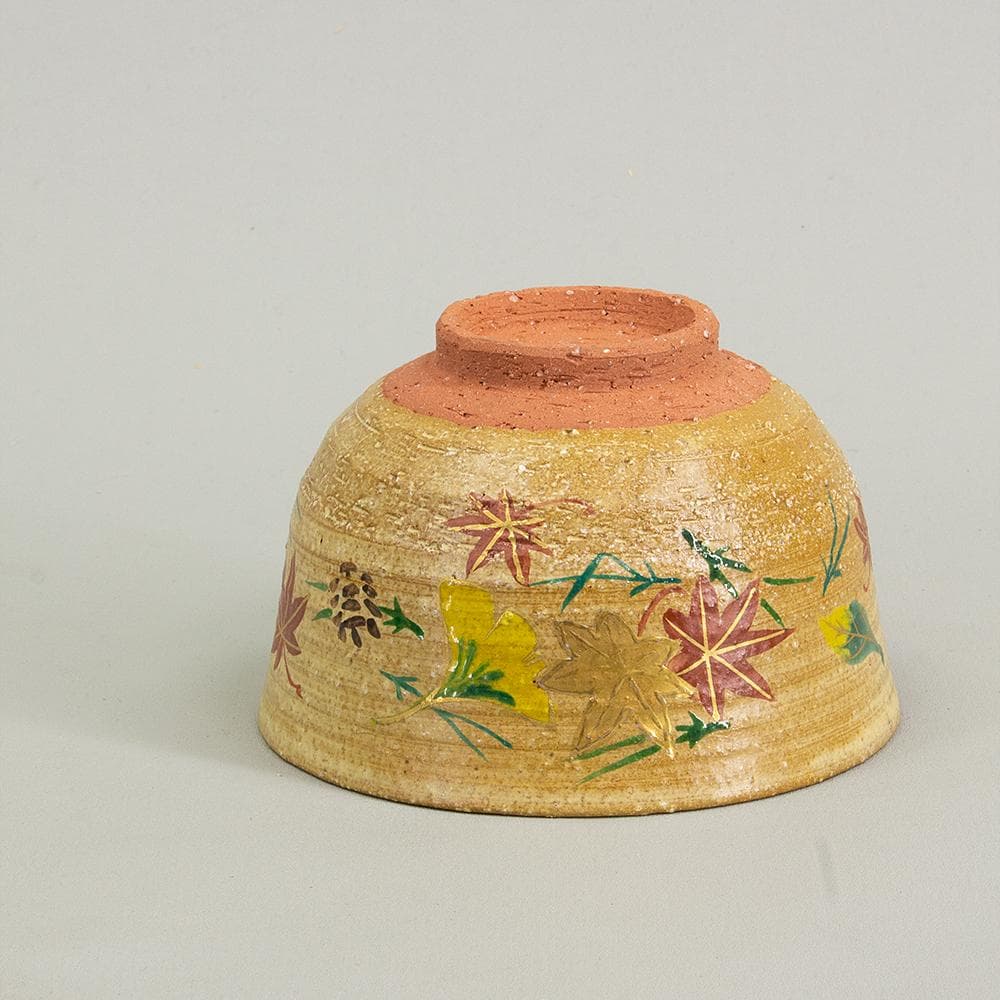 京焼・清水焼 橋本紫雲 茶碗「伊羅保釉 吹寄 紅葉図」共箱栞付き茶道具抹茶碗
