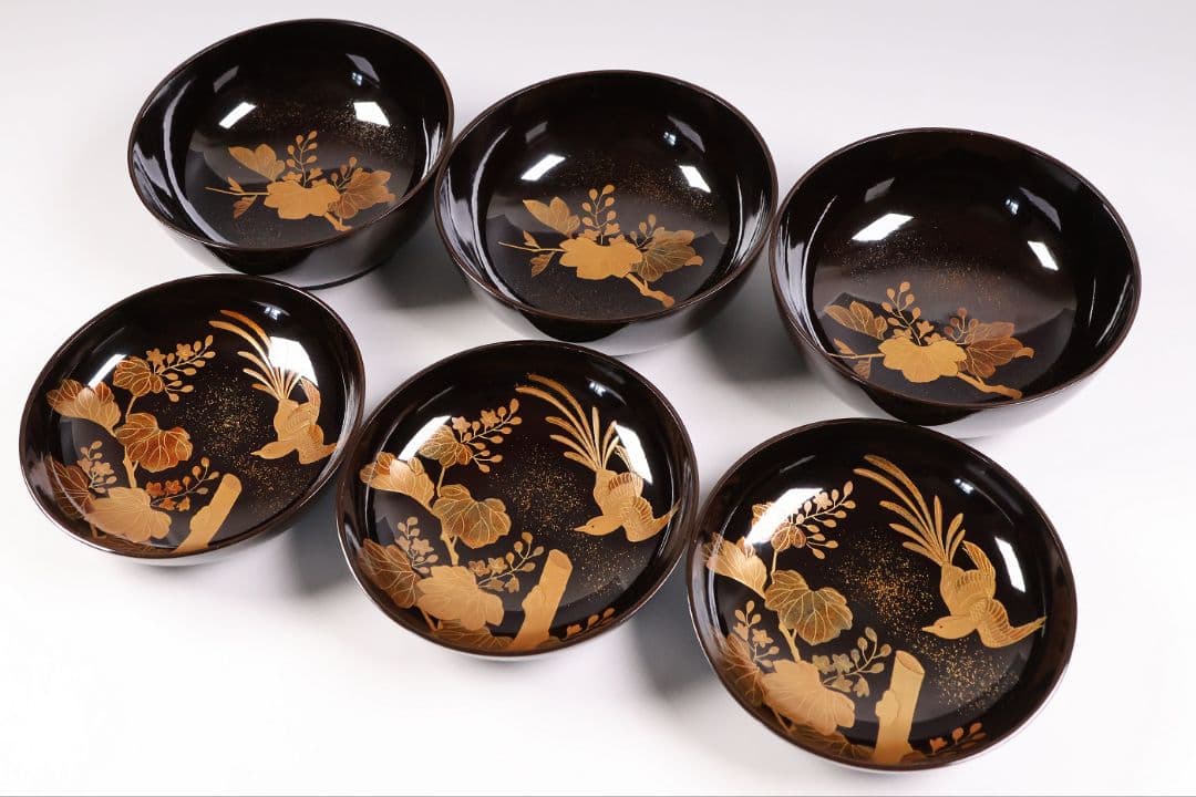 【CM461】輪島塗 天然木漆塗 桐鳳凰金蒔絵 黒塗椀 三客 昭和 漆芸 漆器