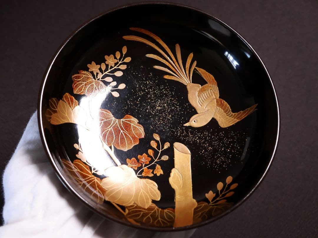 【CM461】輪島塗 天然木漆塗 桐鳳凰金蒔絵 黒塗椀 三客 昭和 漆芸 漆器