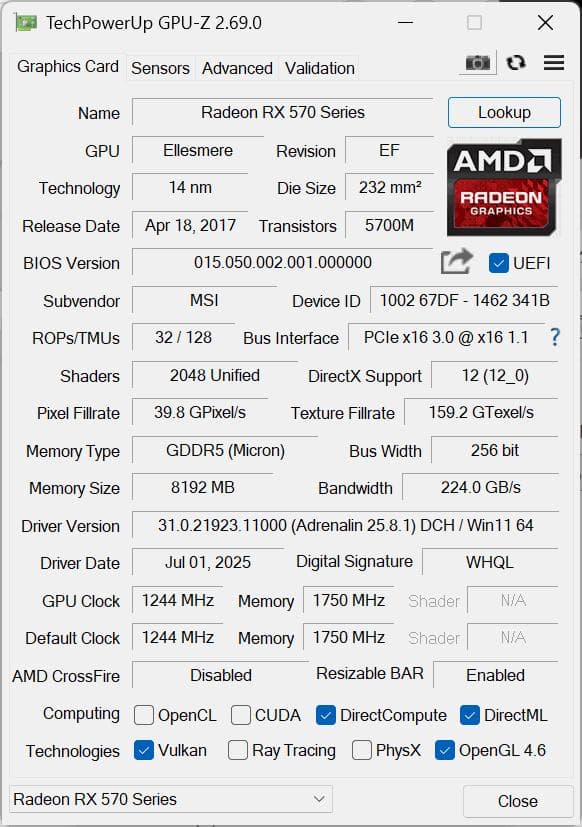 【動作確認済】MSI Radeon RX 570 8GB 低負荷運用　3