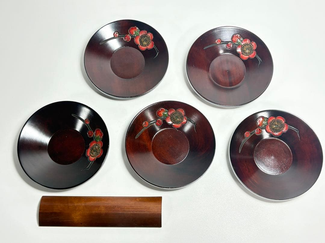 讃岐彫 茶櫃 一峯 作 木彫り 讃岐漆器 4寸茶托 ウメ その他セット一式