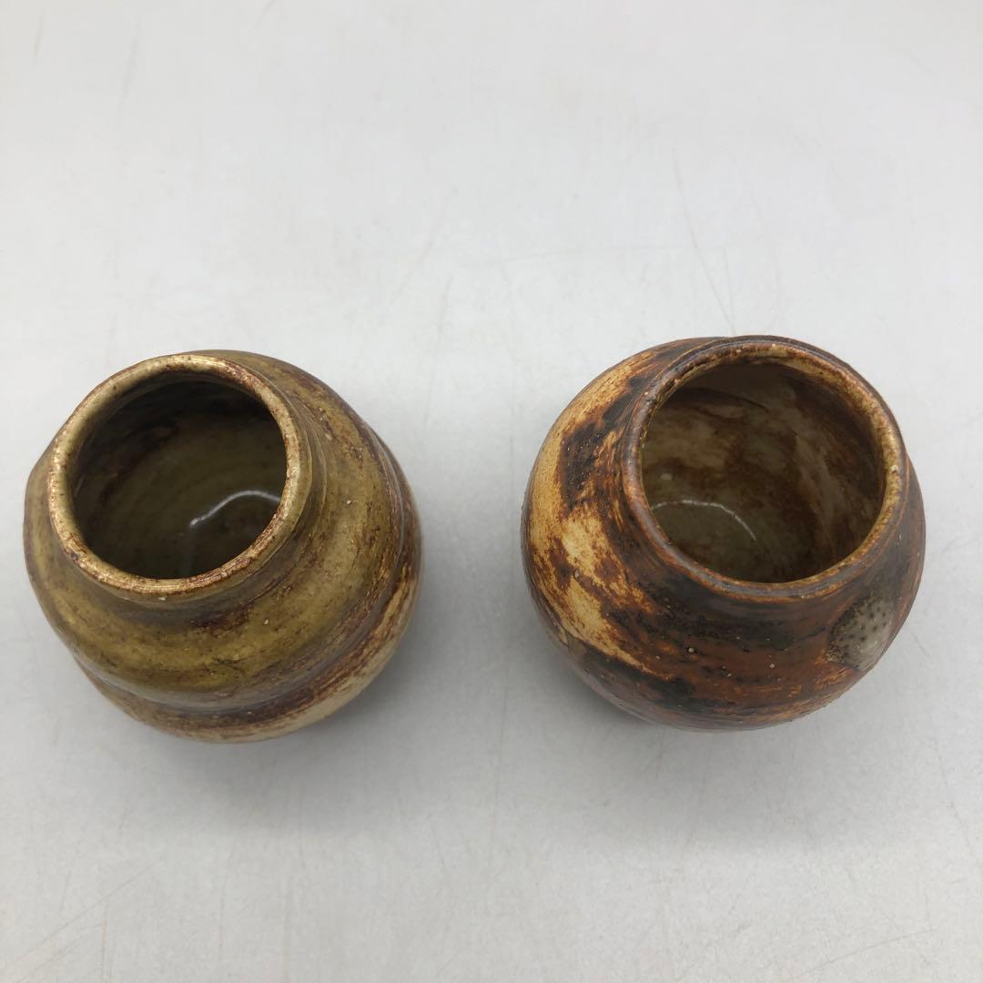 深緑&茶褐色釉薬模様陶器茶入小壺2点セット伝統工芸茶道具ビンテージ置物