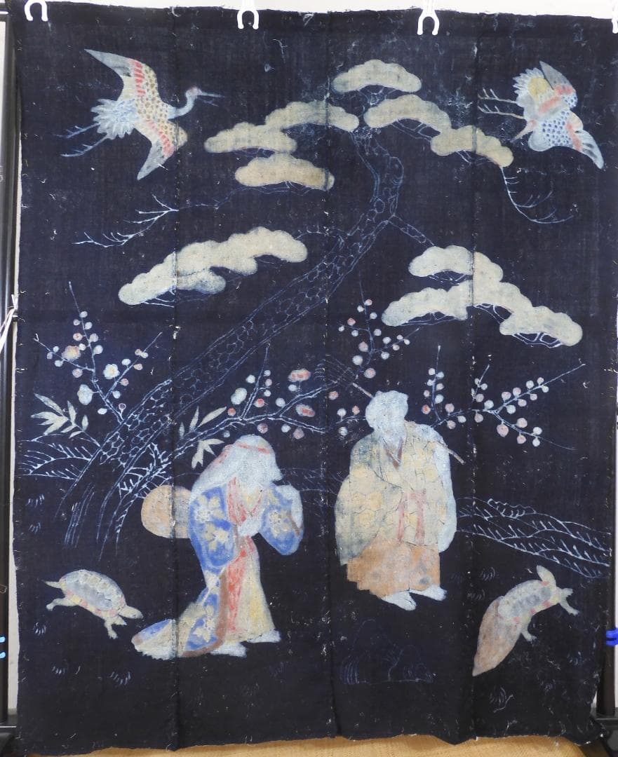 木綿・明治期・筒描・4巾・高砂・手描き筒描き