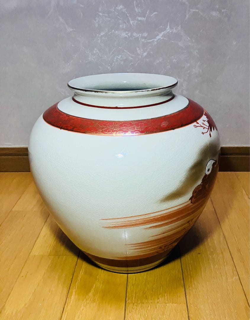 九谷焼　九谷重光造　赤絵金彩水鳥牡丹　花瓶